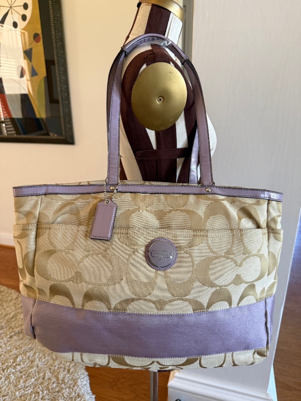 Coach Signature Monogram Canvas Tan/Purple Diaper Bag Tote Purse F17443